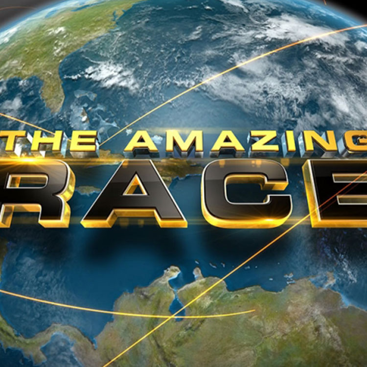 The amazing race logo with a world background